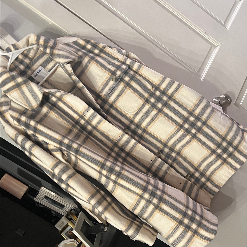 Old Navy Cream and Gray Plaid Pea Coat